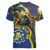 Central African Republic Women V-Neck T-Shirt with Jungle Animal Design and National Emblem Pattern - Wonder Print Shop