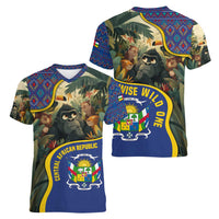 Central African Republic Women V-Neck T-Shirt with Jungle Animal Design and National Emblem Pattern - Wonder Print Shop