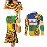 Central African Republic Couples Matching Mermaid Dress and Long Sleeve Button Shirt with Cartoon Baobab Design and Flag Pattern - Wonder Print Shop