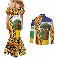 Central African Republic Couples Matching Mermaid Dress and Long Sleeve Button Shirt with Cartoon Baobab Design and Flag Pattern - Wonder Print Shop