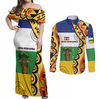 Central African Republic Couples Matching Off Shoulder Maxi Dress and Long Sleeve Button Shirt with Cartoon Baobab Design and Flag Pattern - Wonder Print Shop
