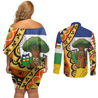 Central African Republic Couples Matching Off Shoulder Short Dress and Long Sleeve Button Shirt with Cartoon Baobab Design and Flag Pattern - Wonder Print Shop