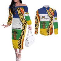 Central African Republic Couples Matching Off The Shoulder Long Sleeve Dress and Long Sleeve Button Shirt with Cartoon Baobab Design and Flag Pattern - Wonder Print Shop