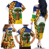Central African Republic Family Matching Off The Shoulder Long Sleeve Dress and Hawaiian Shirt with Cartoon Baobab Design and Flag Pattern - Wonder Print Shop