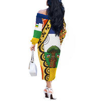 Central African Republic Off The Shoulder Long Sleeve Dress with Cartoon Baobab Design and Flag Pattern - Wonder Print Shop