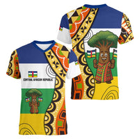 Central African Republic Women V-Neck T-Shirt with Cartoon Baobab Design and Flag Pattern - Wonder Print Shop
