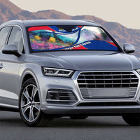 Liechtenstein Auto Sun Shade with Red Blue Mountain Landscape Design and Crown Emblem - Wonder Print Shop