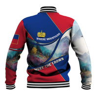 Liechtenstein Baseball Jacket with Red Blue Mountain Landscape Design and Crown Emblem - Wonder Print Shop