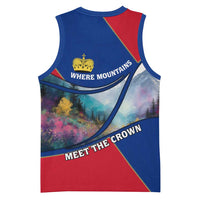 Liechtenstein Basketball Jersey with Red Blue Mountain Landscape Design and Crown Emblem - Wonder Print Shop