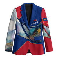 Liechtenstein Blazer with Red Blue Mountain Landscape Design and Crown Emblem - Wonder Print Shop