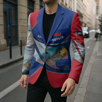 Liechtenstein Blazer with Red Blue Mountain Landscape Design and Crown Emblem - Wonder Print Shop