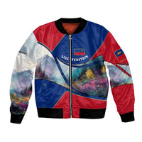 Liechtenstein Bomber Jacket with Red Blue Mountain Landscape Design and Crown Emblem - Wonder Print Shop