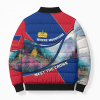 Liechtenstein Bomber Puffer Jacket with Red Blue Mountain Landscape Design and Crown Emblem - Wonder Print Shop