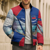 Liechtenstein Bomber Puffer Jacket with Red Blue Mountain Landscape Design and Crown Emblem - Wonder Print Shop