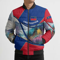 Liechtenstein Bomber Puffer Jacket with Red Blue Mountain Landscape Design and Crown Emblem - Wonder Print Shop