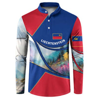 Liechtenstein Button Sweatshirt with Red Blue Mountain Landscape Design and Crown Emblem - Wonder Print Shop