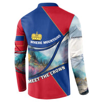 Liechtenstein Button Sweatshirt with Red Blue Mountain Landscape Design and Crown Emblem - Wonder Print Shop