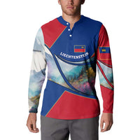 Liechtenstein Button Sweatshirt with Red Blue Mountain Landscape Design and Crown Emblem - Wonder Print Shop