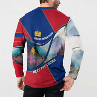 Liechtenstein Button Sweatshirt with Red Blue Mountain Landscape Design and Crown Emblem - Wonder Print Shop