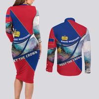Liechtenstein Couples Matching Long Sleeve Bodycon Dress and Long Sleeve Button Shirt with Red Blue Mountain Landscape Design and Crown Emblem - Wonder Print Shop