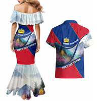 Liechtenstein Couples Matching Mermaid Dress and Hawaiian Shirt with Red Blue Mountain Landscape Design and Crown Emblem - Wonder Print Shop