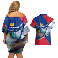 Liechtenstein Couples Matching Off Shoulder Short Dress and Hawaiian Shirt with Red Blue Mountain Landscape Design and Crown Emblem - Wonder Print Shop