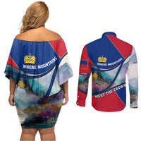 Liechtenstein Couples Matching Off Shoulder Short Dress and Long Sleeve Button Shirt with Red Blue Mountain Landscape Design and Crown Emblem - Wonder Print Shop