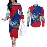 Liechtenstein Couples Matching Off The Shoulder Long Sleeve Dress and Long Sleeve Button Shirt with Red Blue Mountain Landscape Design and Crown Emblem - Wonder Print Shop