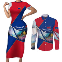 Liechtenstein Couples Matching Short Sleeve Bodycon Dress and Long Sleeve Button Shirt with Red Blue Mountain Landscape Design and Crown Emblem - Wonder Print Shop
