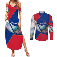 Liechtenstein Couples Matching Summer Maxi Dress and Long Sleeve Button Shirt with Red Blue Mountain Landscape Design and Crown Emblem - Wonder Print Shop