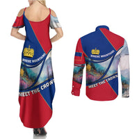 Liechtenstein Couples Matching Summer Maxi Dress and Long Sleeve Button Shirt with Red Blue Mountain Landscape Design and Crown Emblem - Wonder Print Shop