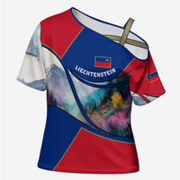 Liechtenstein Cross Shoulder Shirt with Red Blue Mountain Landscape Design and Crown Emblem - Wonder Print Shop