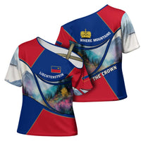 Liechtenstein Cross Shoulder Shirt with Red Blue Mountain Landscape Design and Crown Emblem - Wonder Print Shop