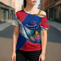 Liechtenstein Cross Shoulder Shirt with Red Blue Mountain Landscape Design and Crown Emblem - Wonder Print Shop