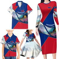 Liechtenstein Family Matching Long Sleeve Bodycon Dress and Hawaiian Shirt with Red Blue Mountain Landscape Design and Crown Emblem - Wonder Print Shop