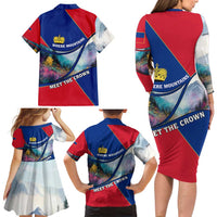 Liechtenstein Family Matching Long Sleeve Bodycon Dress and Hawaiian Shirt with Red Blue Mountain Landscape Design and Crown Emblem - Wonder Print Shop