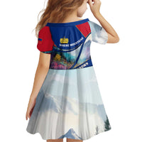 Liechtenstein Family Matching Off The Shoulder Long Sleeve Dress and Hawaiian Shirt with Red Blue Mountain Landscape Design and Crown Emblem - Wonder Print Shop