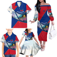 Liechtenstein Family Matching Off The Shoulder Long Sleeve Dress and Hawaiian Shirt with Red Blue Mountain Landscape Design and Crown Emblem - Wonder Print Shop
