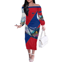 Liechtenstein Family Matching Off The Shoulder Long Sleeve Dress and Hawaiian Shirt with Red Blue Mountain Landscape Design and Crown Emblem - Wonder Print Shop