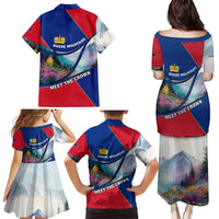 Liechtenstein Family Matching Puletasi and Hawaiian Shirt with Red Blue Mountain Landscape Design and Crown Emblem - Wonder Print Shop