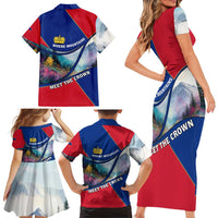 Liechtenstein Family Matching Short Sleeve Bodycon Dress and Hawaiian Shirt with Red Blue Mountain Landscape Design and Crown Emblem - Wonder Print Shop