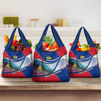 Liechtenstein Grocery Bag with Red Blue Mountain Landscape Design and Crown Emblem - Wonder Print Shop