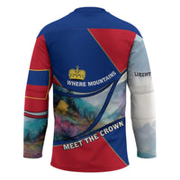 Liechtenstein Hockey Jersey with Red Blue Mountain Landscape Design and Crown Emblem - Wonder Print Shop