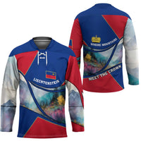 Liechtenstein Hockey Jersey with Red Blue Mountain Landscape Design and Crown Emblem - Wonder Print Shop