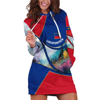 Liechtenstein Hoodie Dress with Red Blue Mountain Landscape Design and Crown Emblem - Wonder Print Shop