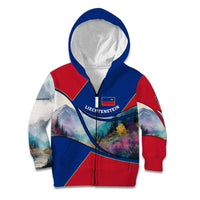 Liechtenstein Kid Hoodie with Red Blue Mountain Landscape Design and Crown Emblem - Wonder Print Shop