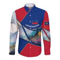 Liechtenstein Long Sleeve Button Shirt with Red Blue Mountain Landscape Design and Crown Emblem - Wonder Print Shop
