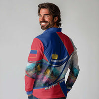 Liechtenstein Long Sleeve Polo Shirt with Red Blue Mountain Landscape Design and Crown Emblem - Wonder Print Shop
