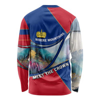 Liechtenstein Long Sleeve Shirt with Red Blue Mountain Landscape Design and Crown Emblem - Wonder Print Shop