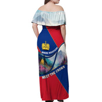 Liechtenstein Off Shoulder Maxi Dress with Red Blue Mountain Landscape Design and Crown Emblem - Wonder Print Shop